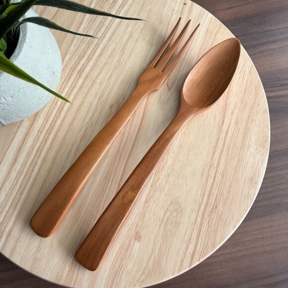 Vintage Myrtlewood Fork And Spoon Set Mid Century Modern 12-1/2" Long - Picture 1 of 9